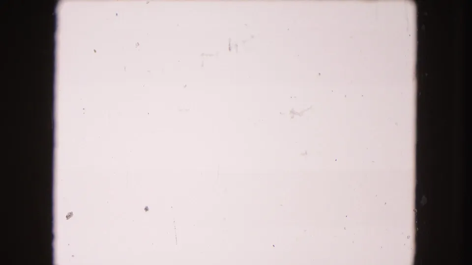 Mostly blank 8mm frame from the 1960 Miami clip, with pale exposure, dust marks, scratches, and no distinct car detail visible.