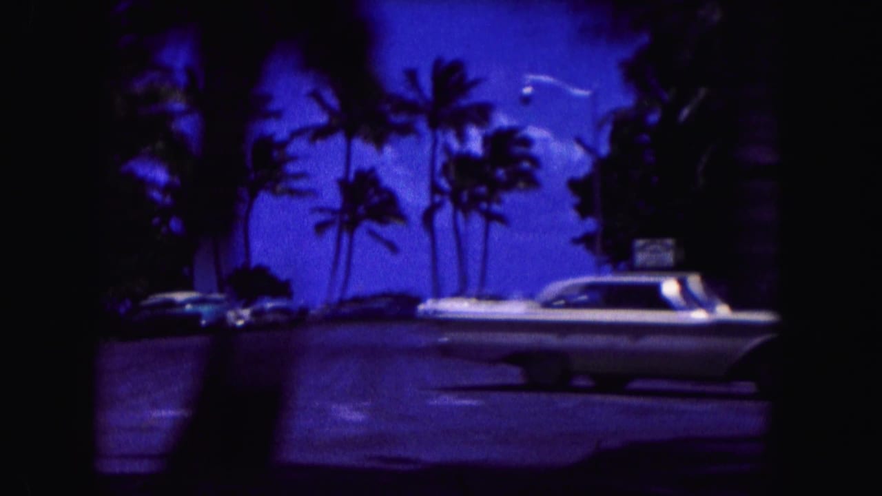 Classic white car passing palm trees on a dark roadside scene.