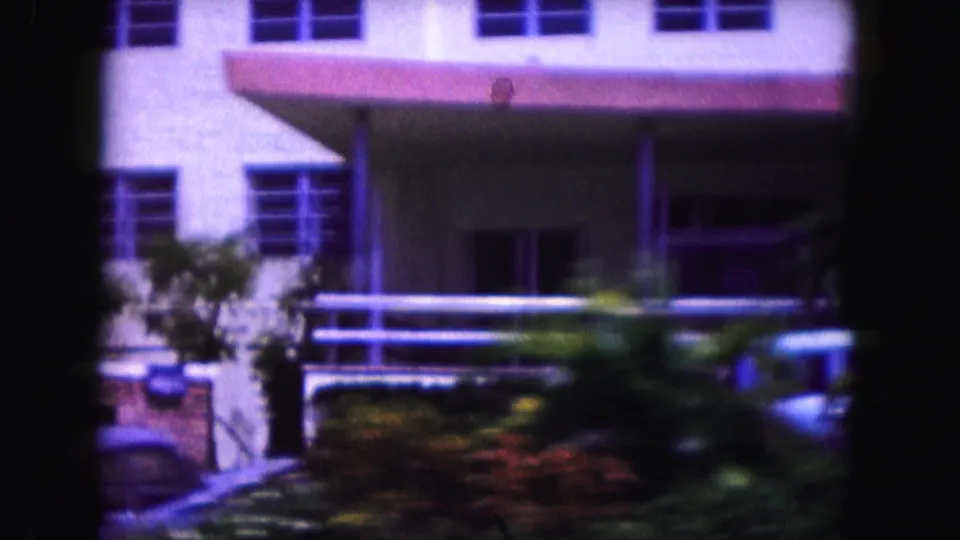 Miami building frontage with a pink awning, railings, palm landscaping, and motion-blurred cars near the street.