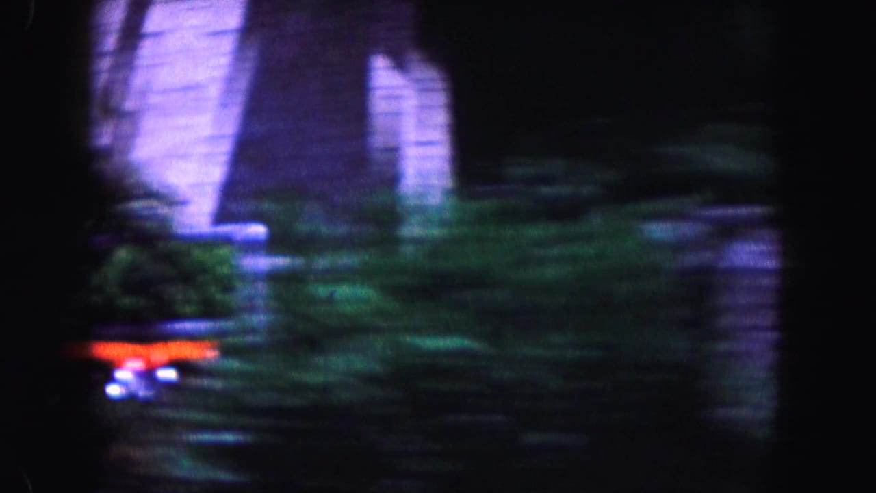 Motion-blurred 1960 Miami street view with a residential exterior, dense greenery, and a passing or parked car detail.