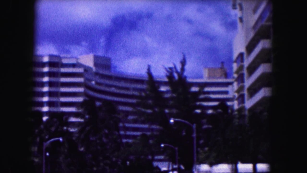 1960 Miami street view showing a curved white modernist building, dark tree line, streetlamp, and saturated blue sky.