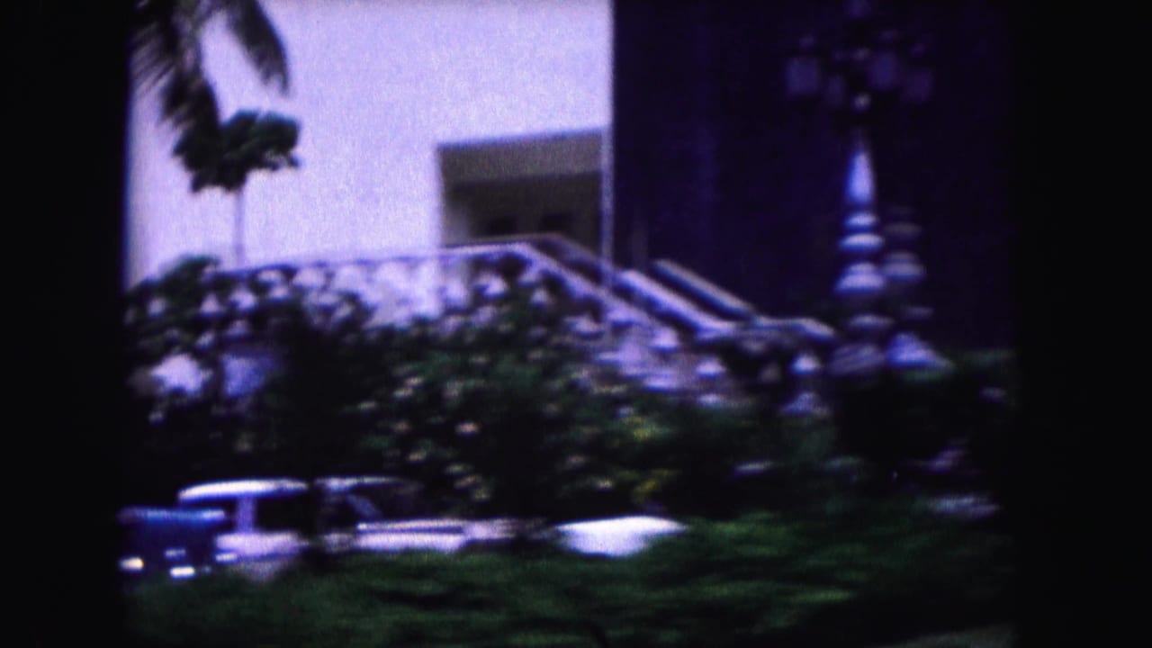 Passing view of a white building, palm foliage, and parked cars seen through dark film edges.
