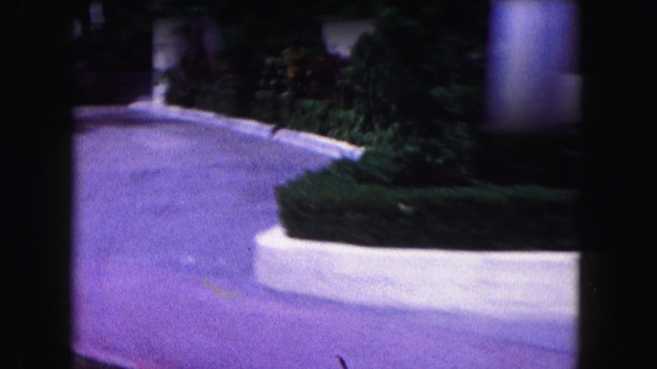 Nighttime 8mm frame from Miami showing a curved hotel driveway, trimmed hedges, and a pale curb under cool exterior light.