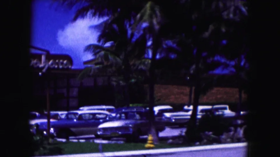 1960 Miami roadside view with palm trees, parked mid-century cars, and a low commercial-looking building.
