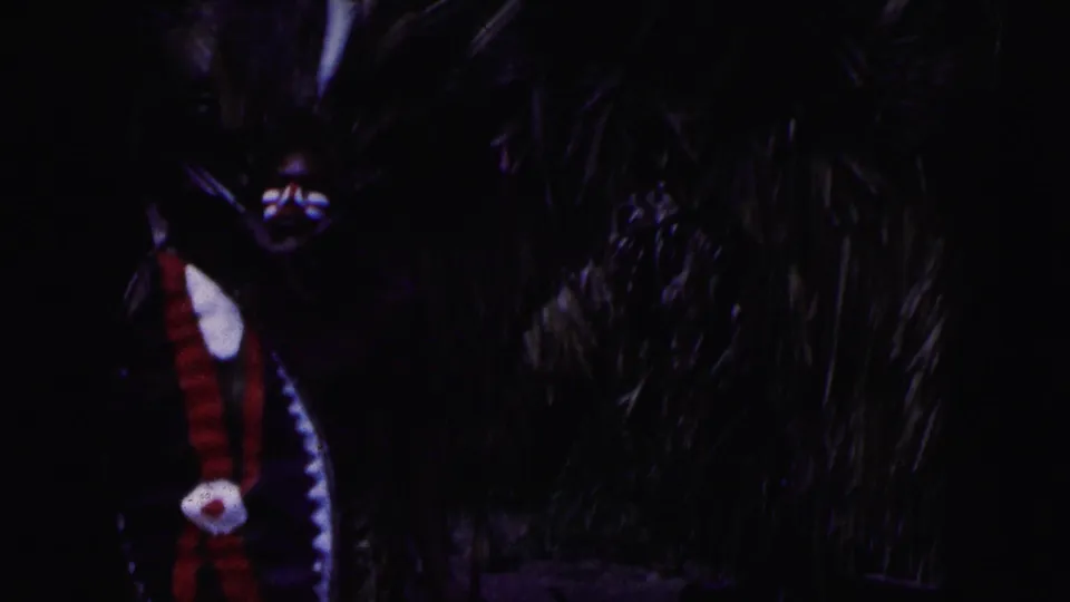 Dark 1960 Miami 8mm frame of a standing costumed figure near foliage, with a decorated shield visible in the foreground.