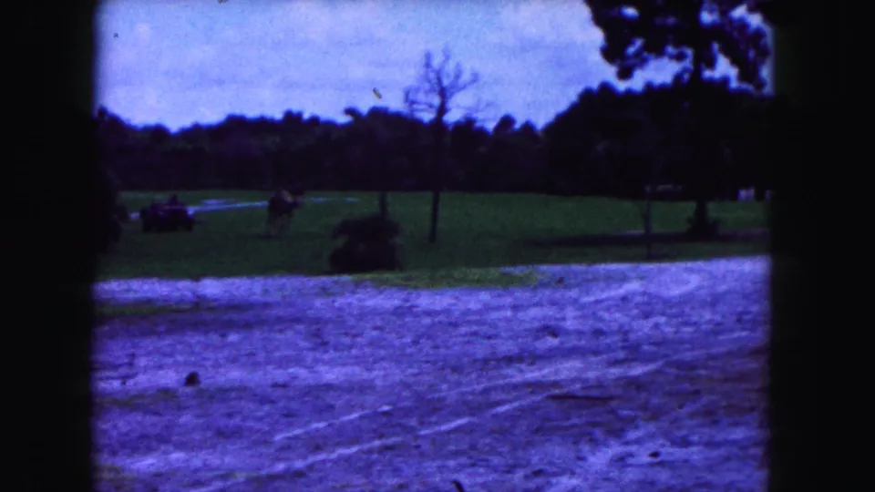 1960 Miami 8mm view across sandy foreground toward grass, scattered trees and distant horses in an open field.