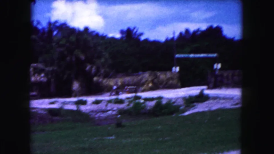 1960 Miami 8mm frame showing a landscaped animal-park setting with stone wall, palms, grass, and a distant gate-like structure.
