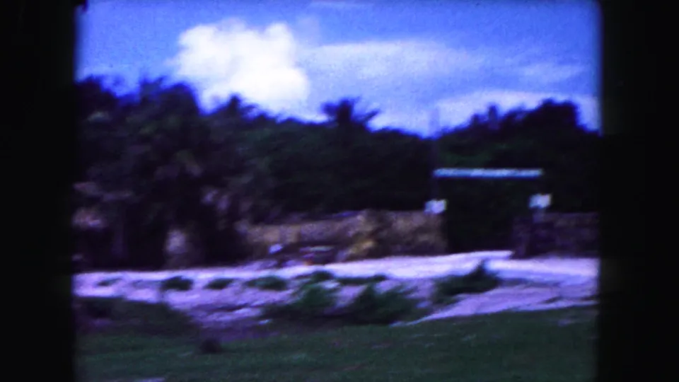1960 Miami home-movie frame showing palms, sandy ground, lawn, and a small rustic entrance in soft blue-shifted color.
