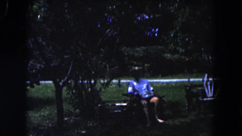 1960 Miami home-movie frame with a distant person resting on a bench amid dense shaded garden foliage.