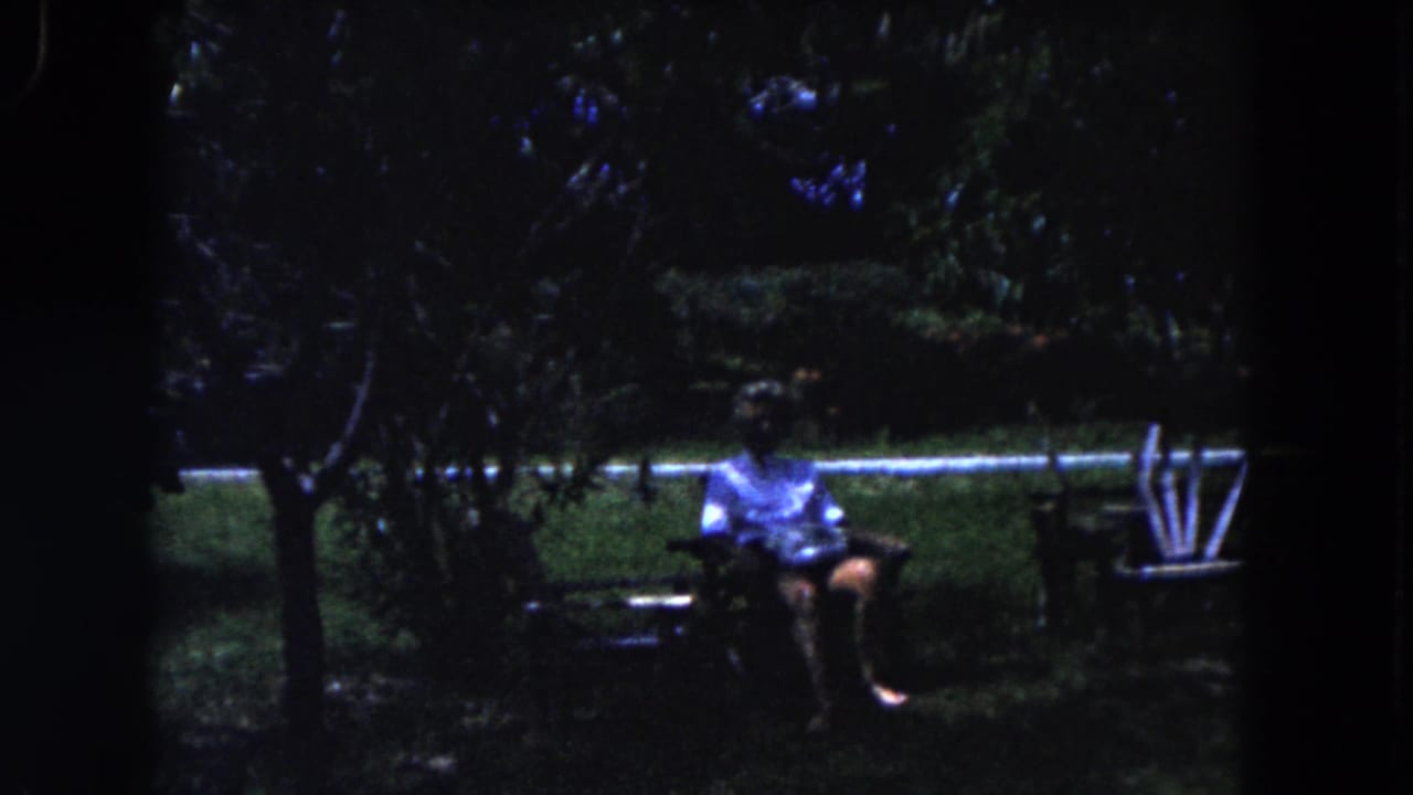 Man sitting on a bench near trees, with a pale rail or path edge behind him.