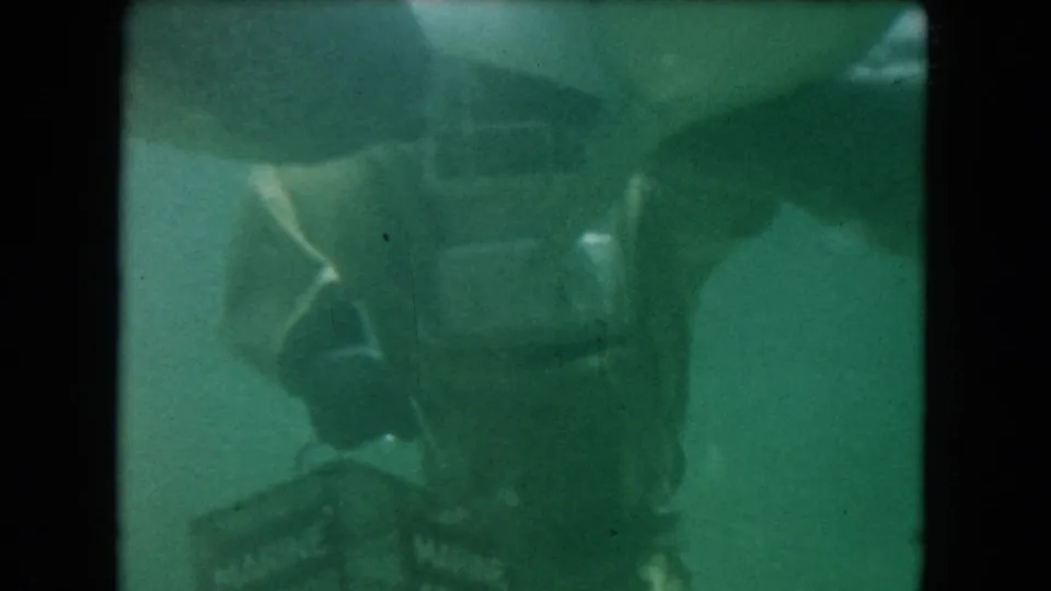 1960 Miami 8mm underwater view with a diver, dolphin forms, hose, and feeding box partly obscured by water haze.