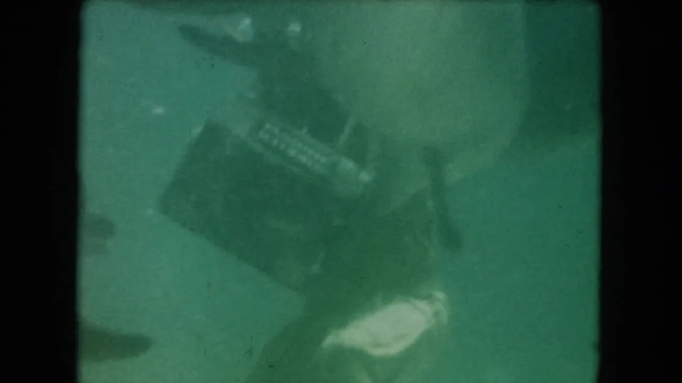 1960 Miami underwater home-movie frame with a diver and basket surrounded by fish in soft green water.