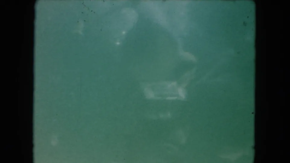 Hazy 1960 Miami pool footage shows indistinct fish shapes suspended in green-blue water on 8mm film.