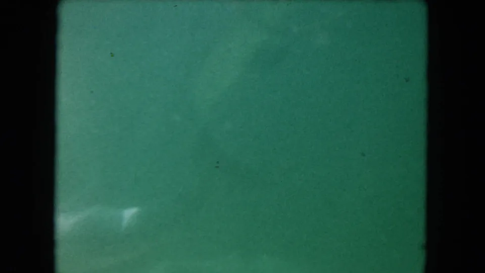 Soft green-tinted 8mm frame with minimal visible detail, likely an in-camera or transition exposure from the clip.