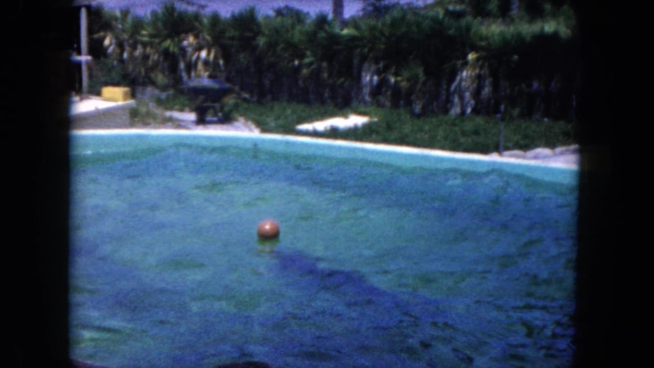 Red ball floats in a turquoise pool with palms behind it.