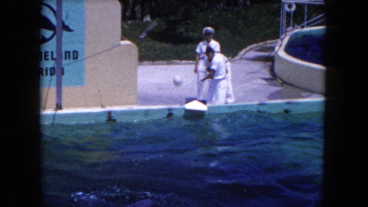 1960 Florida 8mm frame showing trainers in white uniforms on the deck beside a marine show pool with a ball prop nearby.