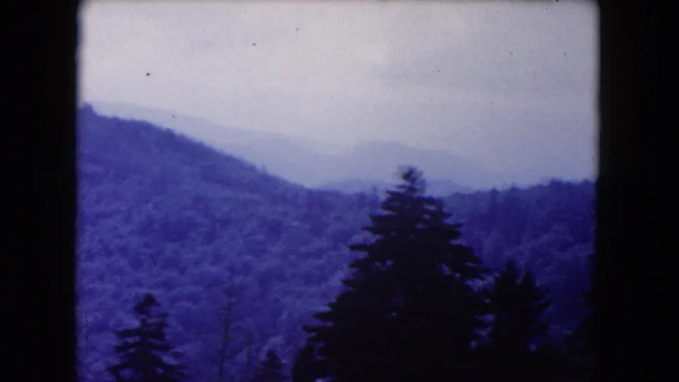 1960 8mm frame of a soft, hazy mountain view with dark evergreen silhouettes in the foreground.