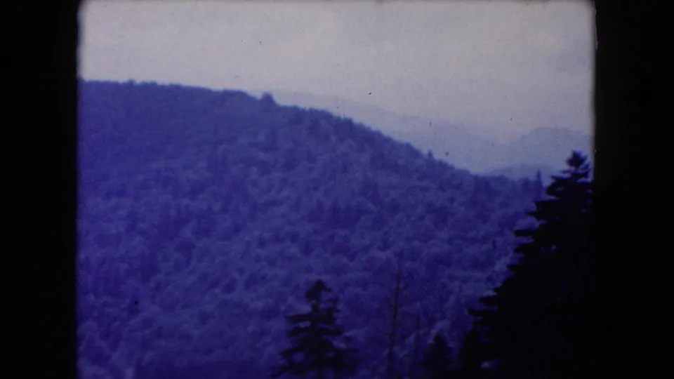 1960 8mm frame showing a forested ridge and distant haze, bordered by dark scanned film edges.
