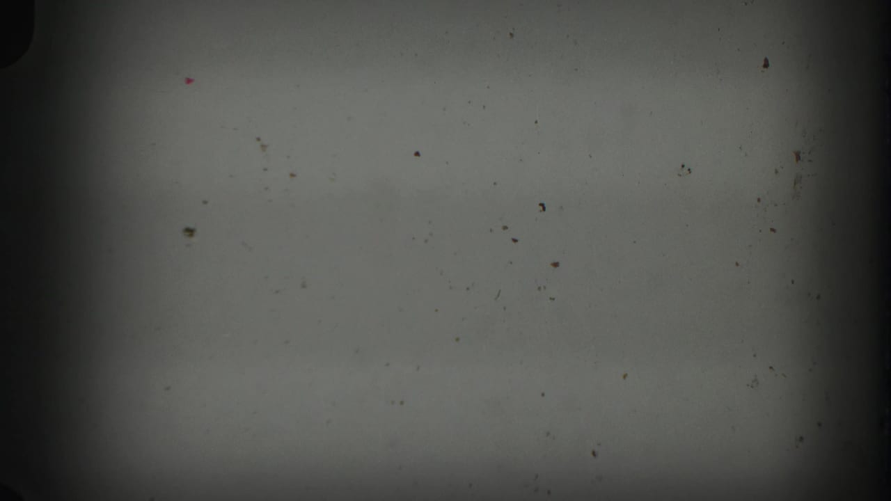 Dark, underexposed 8mm leader-like frame from a 1960 Florida home movie, showing dust, specks, and gate shadow.