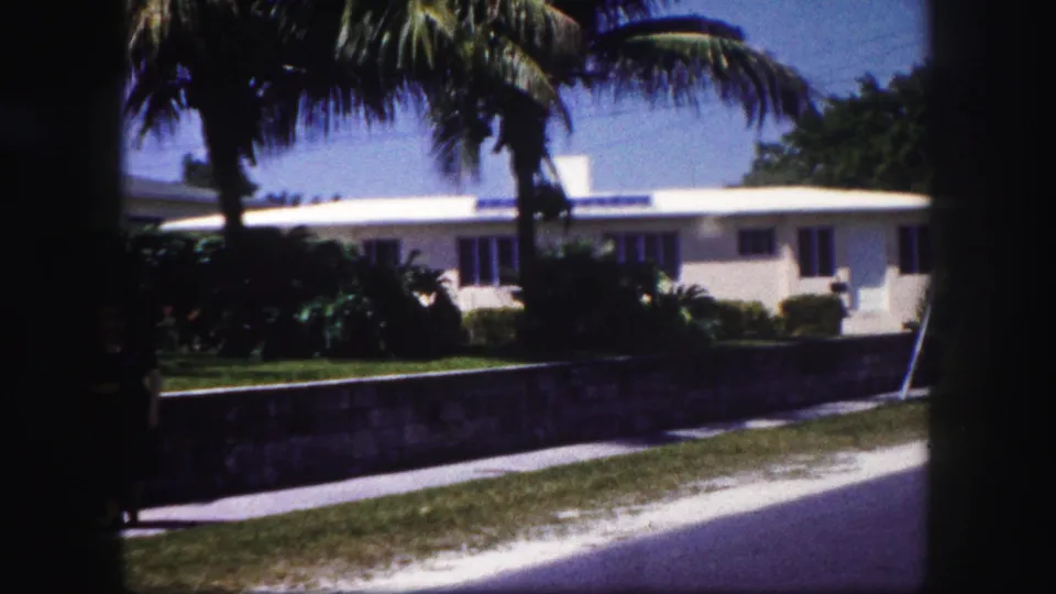 A sunlit 1960 Tampa residential exterior shows a white house partially shaded by palm trees and tropical planting.