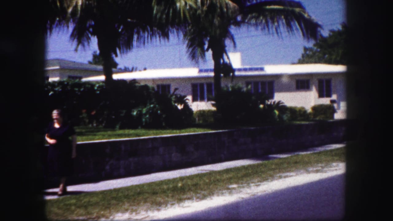 Woman in a dark dress walking along a sidewalk past palms and a white house.