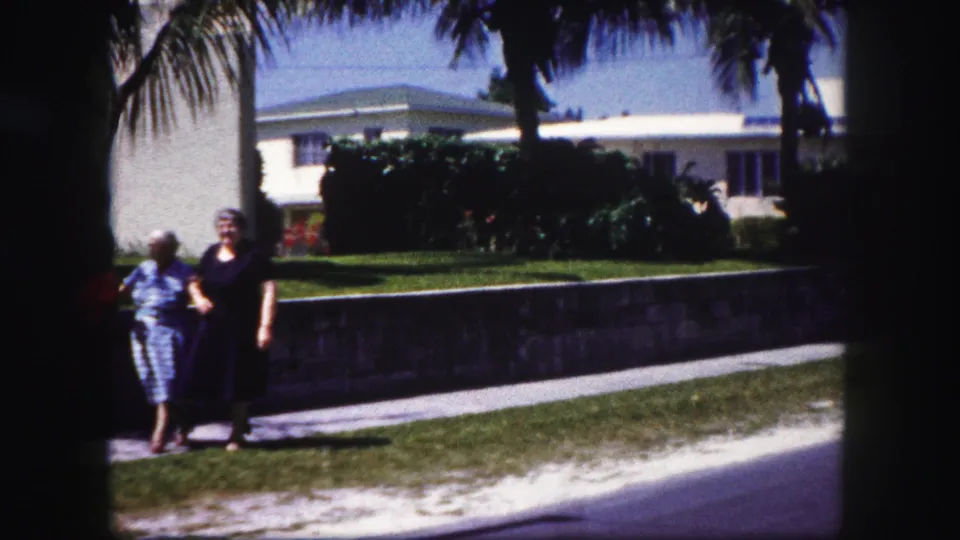 Two adult women stand arm in arm in a bright 1960 Tampa residential scene, with palm trees, shrubs, lawn, and a white house visible behind them.