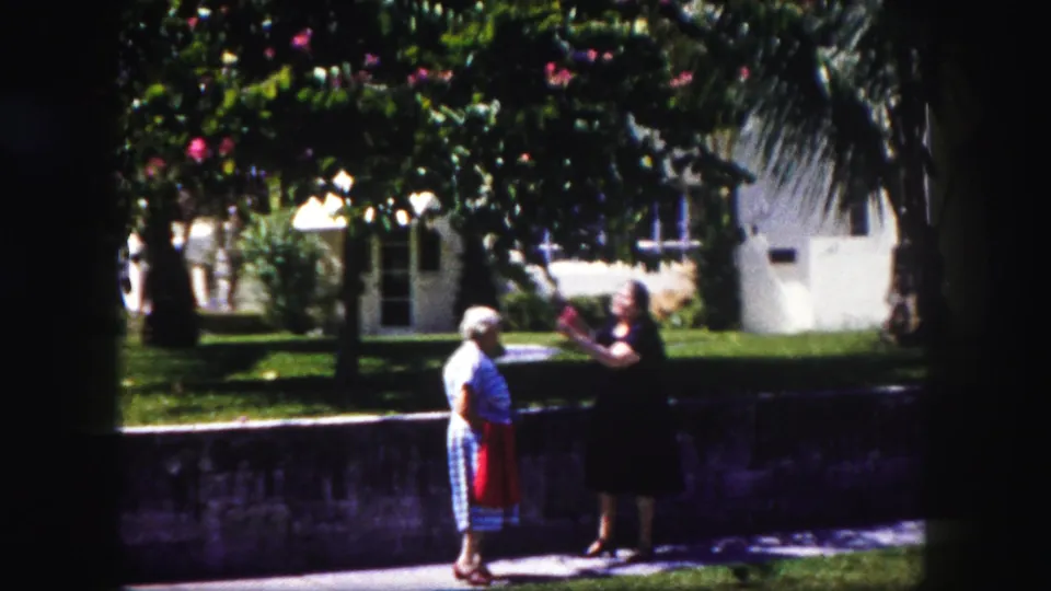 A 1960 Tampa 8mm frame shows two women beneath flowering branches near a lawn, low wall, palm trees, and house exterior.