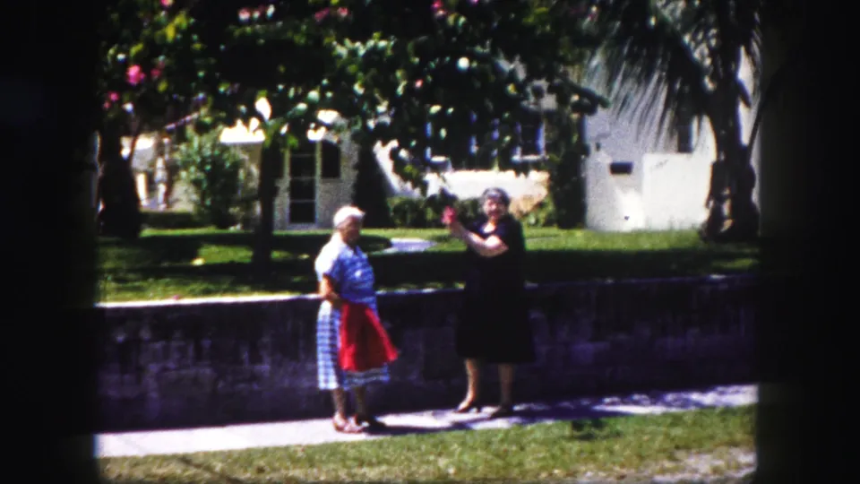 Near the end of the Tampa clip, the woman in a dark dress gestures during conversation beside the striped-dress woman and garden wall.