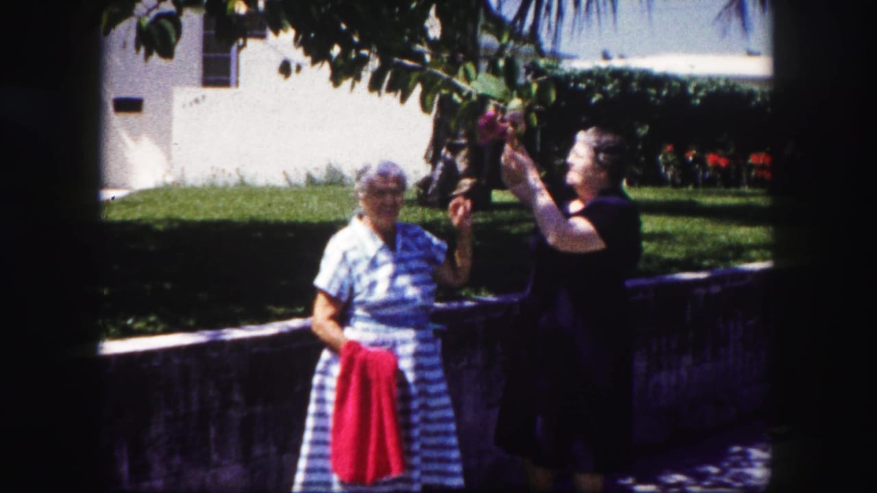 Two older women stand near a suburban sidewalk and low wall in bright sun.