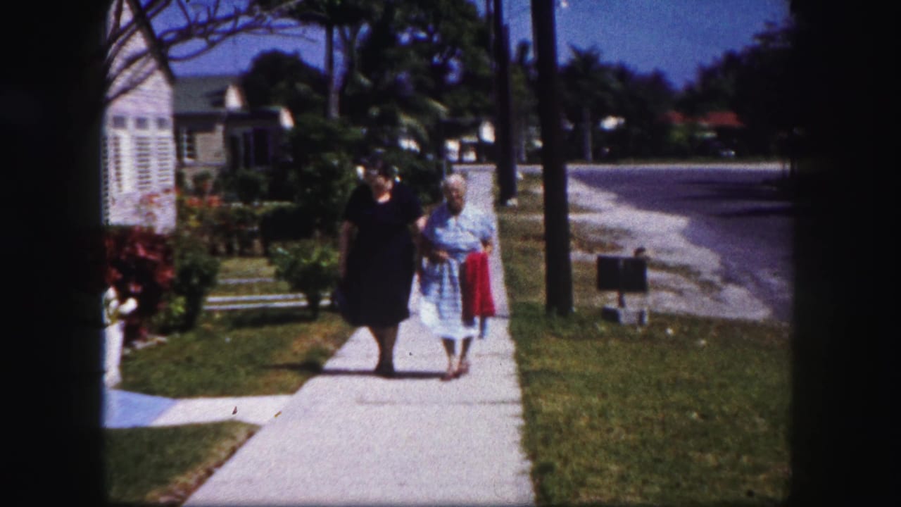 Two women walk arm in arm on a sunny suburban sidewalk near lawns and houses.