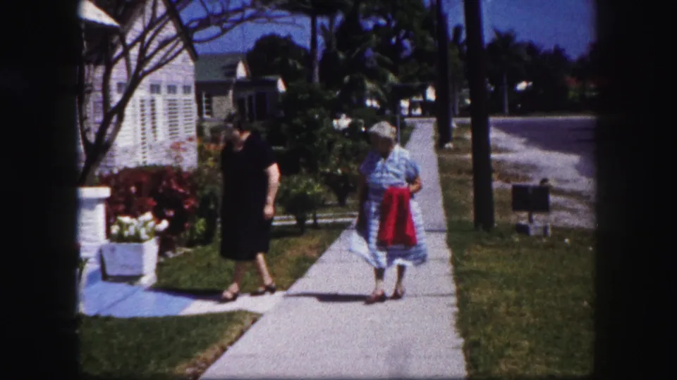 In the Tampa sidewalk scene, the women move past the camera area near a house, planter, lawn, and residential street.