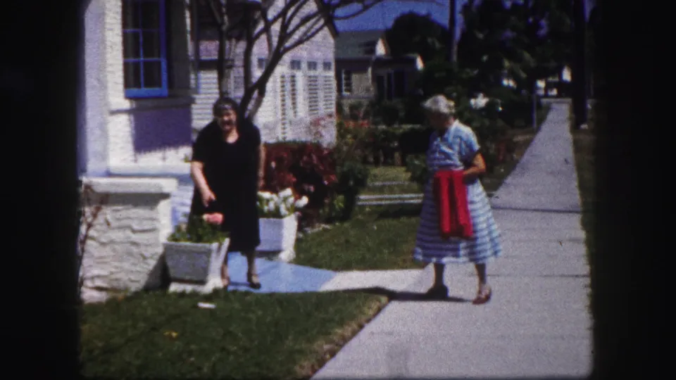In the Tampa residential scene, a woman in a black dress stands by a porch planter while an older woman in a striped dress approaches.