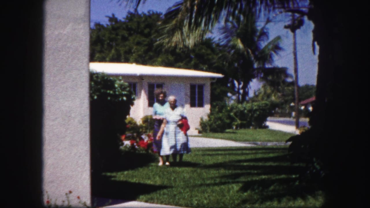 Two women in a sunny Tampa residential yard stand near a white stucco house, with palms, shrubs, and a sidewalk visible around them.