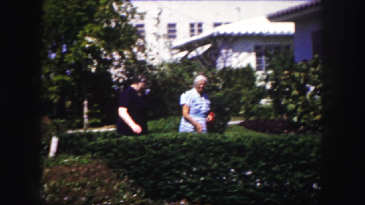 Two women walk or stand near a hedge and garden shrubs outside a house.