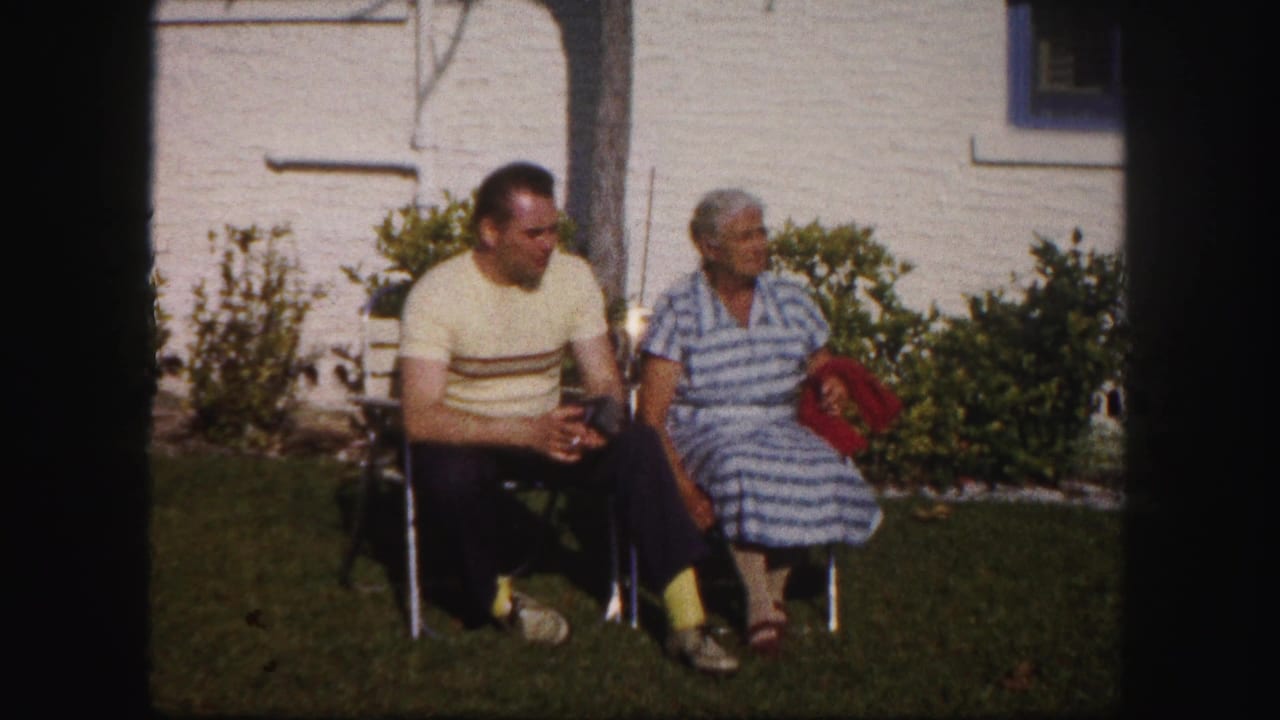 Man and older woman seated on folding chairs on a sunny lawn beside shrubs.