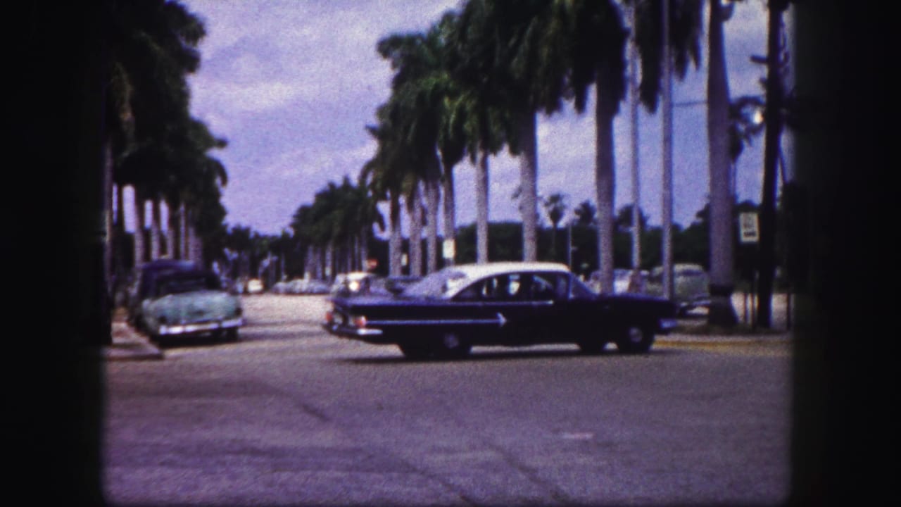 Blue-and-white sedan turning left on a palm-lined city street with parked cars nearby.
