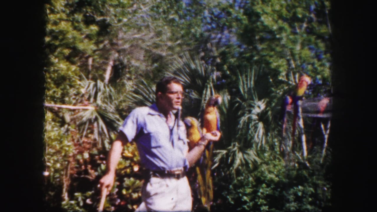 1960 Tampa frame showing the man angled toward the camera with a macaw perched on his hand in a lush garden.