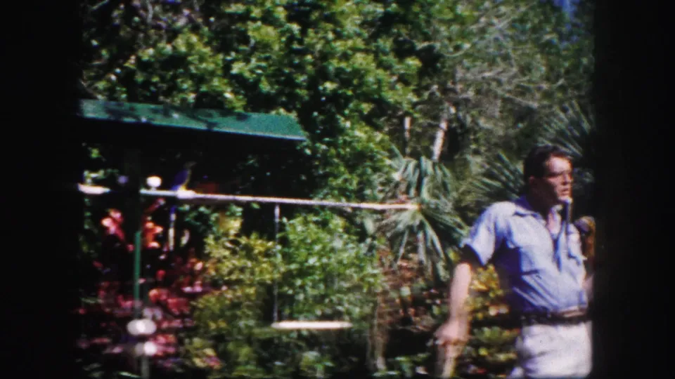 1960 Tampa home-movie frame with the man and partly obscured macaw beside palms, shrubs, and a shaded garden structure.