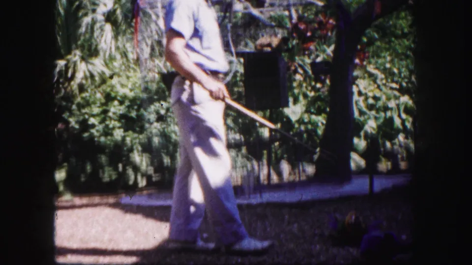 In metadata-supported 1960 Tampa footage, a man in pale clothes moves through a lush garden near an aviary or birdcage structure.