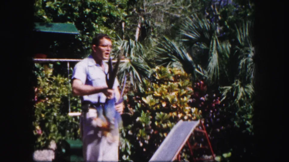 The man remains in the garden holding a perch or stick while the parrot blurs lower in the frame, suggesting motion.
