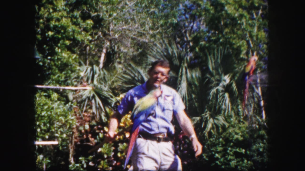 Man in light shirt walks with a large parrot on his shoulder.