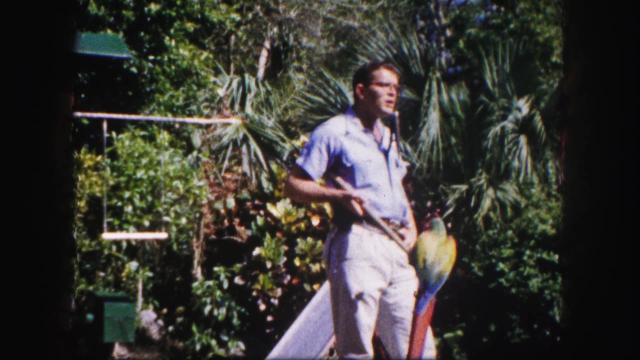 Adult guide in 1960 Tampa footage holds a colorful bird near palm fronds and dense garden planting in bright daylight.