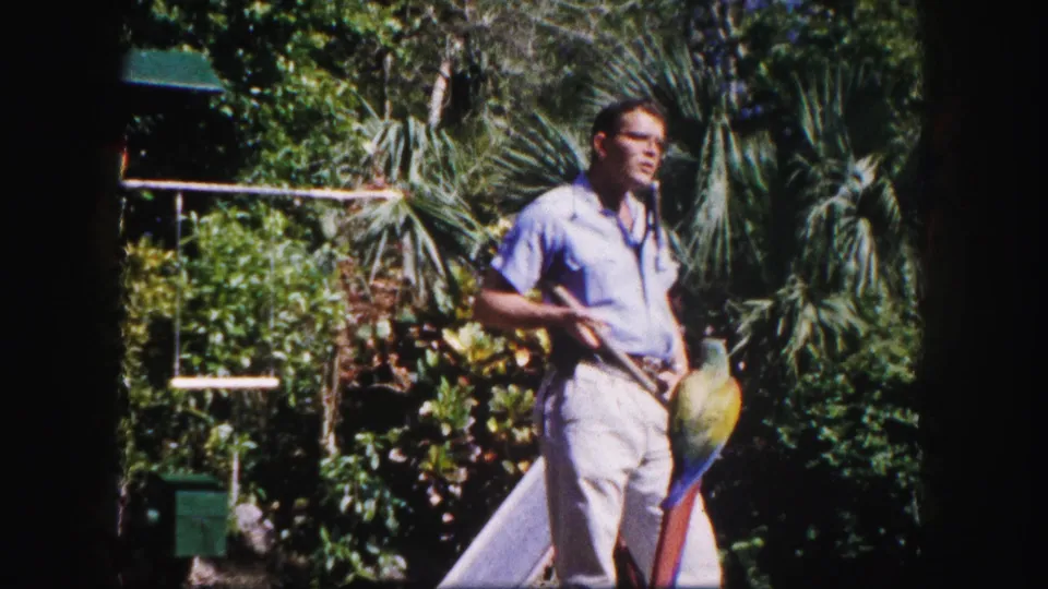 Circa-1960 Tampa home-movie frame of a man standing in dense greenery with a colorful macaw near his arm.