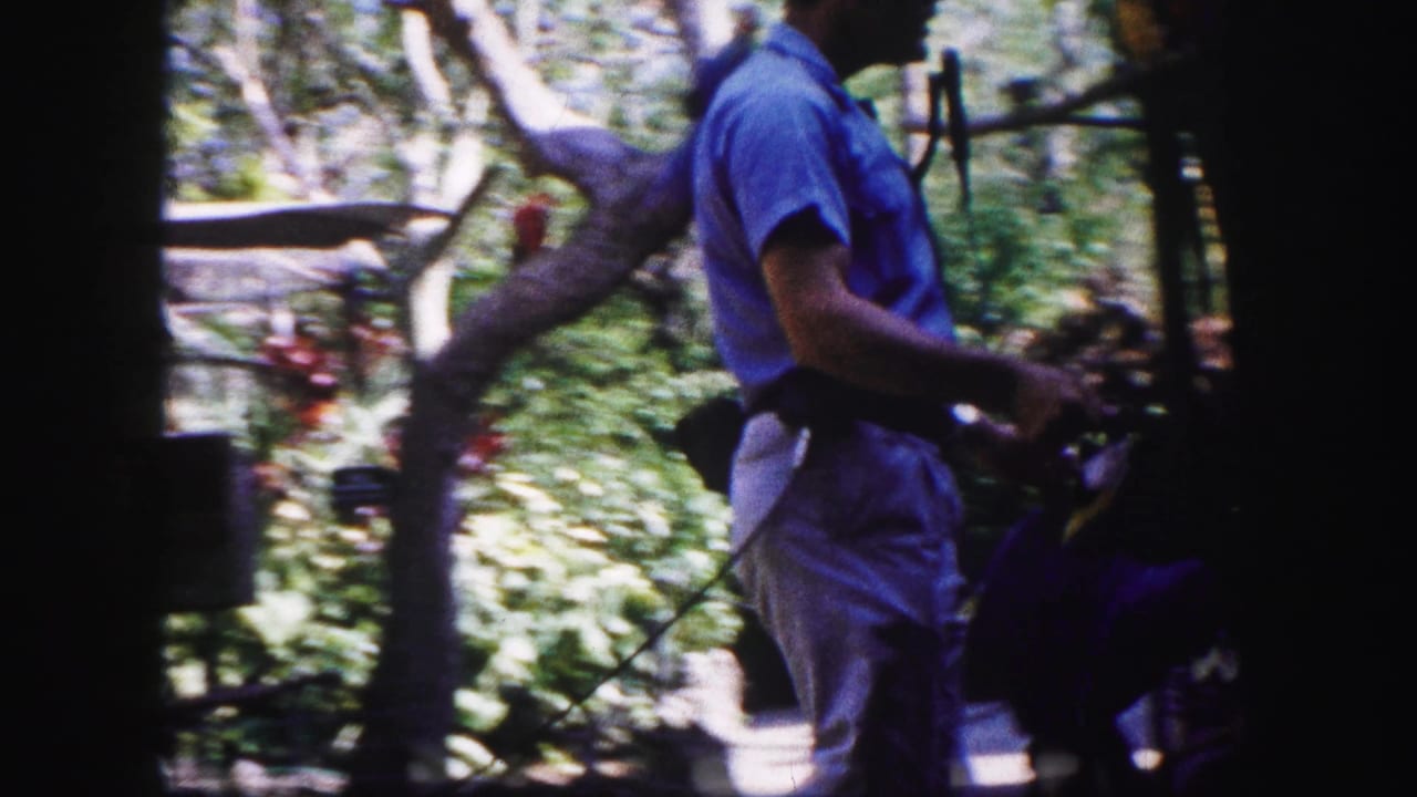 The 8mm frame shows a side view of the handler passing through tropical zoo planting, partly obscured by shadows and film framing.