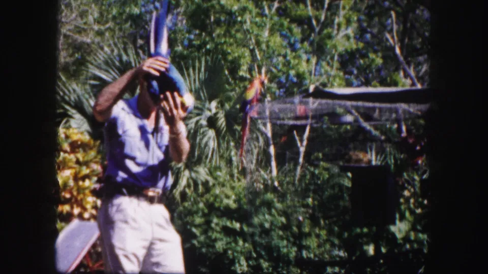 The man lifts the blue-and-yellow macaw above his head in the tropical garden, with foliage and a bird enclosure behind him.