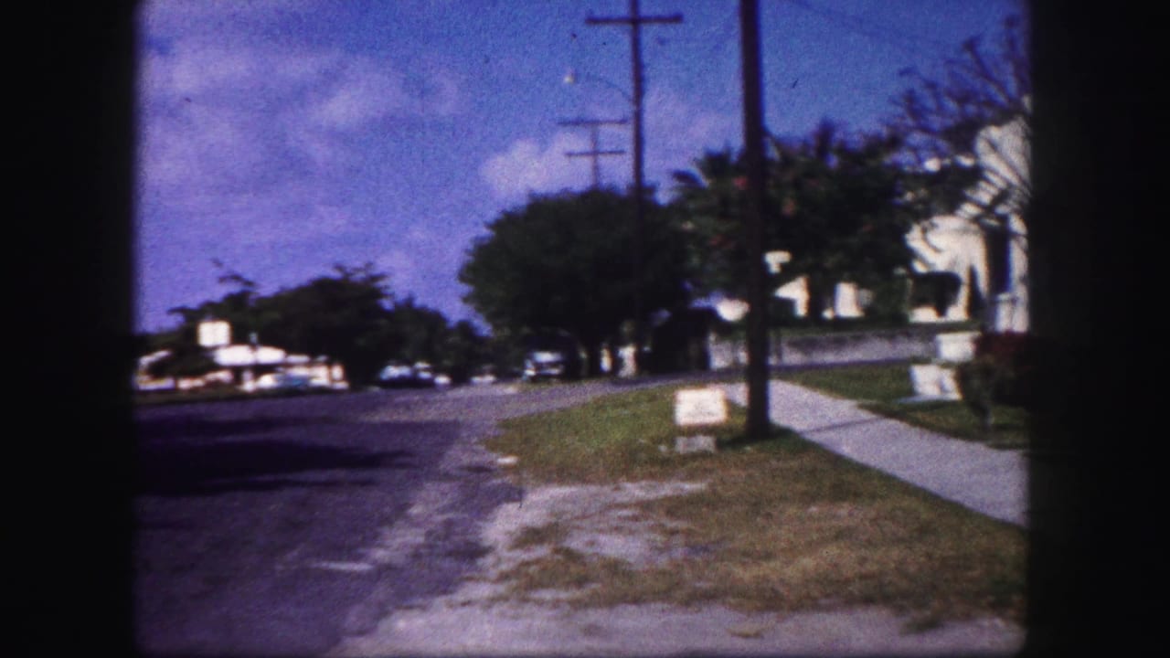 Quiet residential street with sidewalk, lawns, trees, utility poles, and houses in the distance.