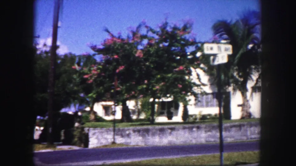 1960 Tampa frame with white residential buildings behind a low wall, tropical trees, and a street sign near the roadside.