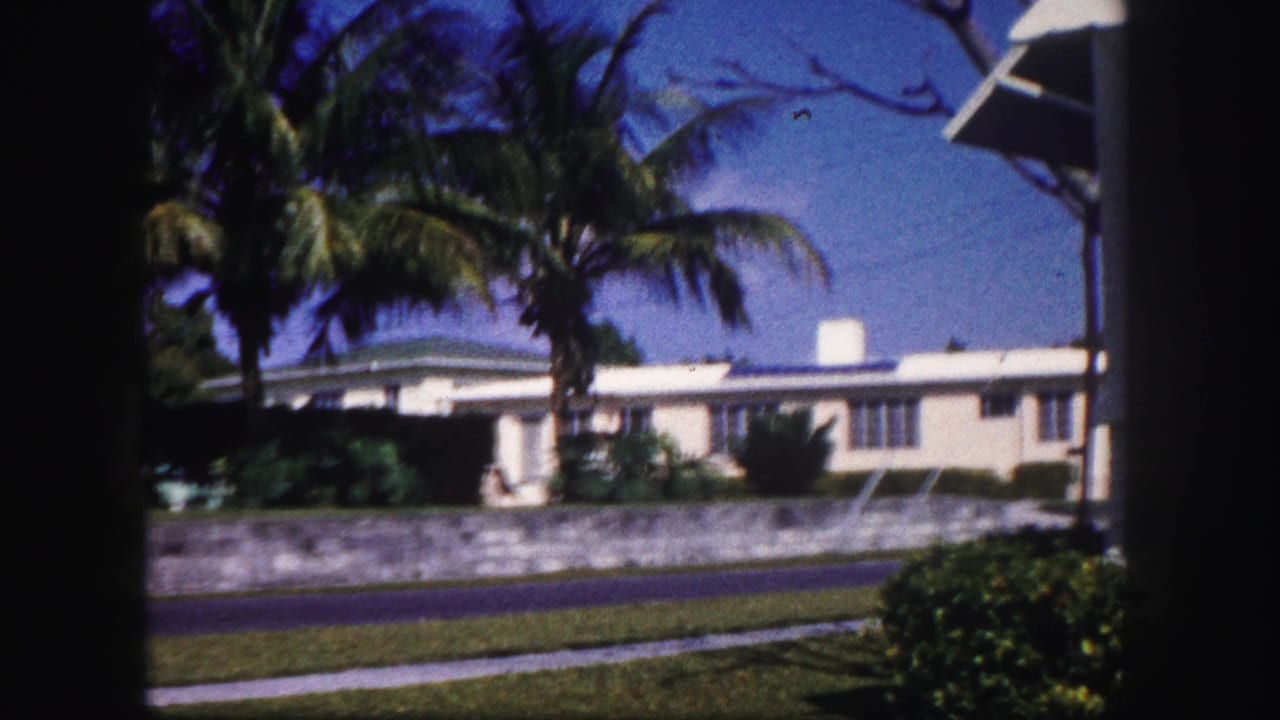 1960 Tampa frame with a low white residence, palm trees, roadside grass, sidewalk, and dark film borders.