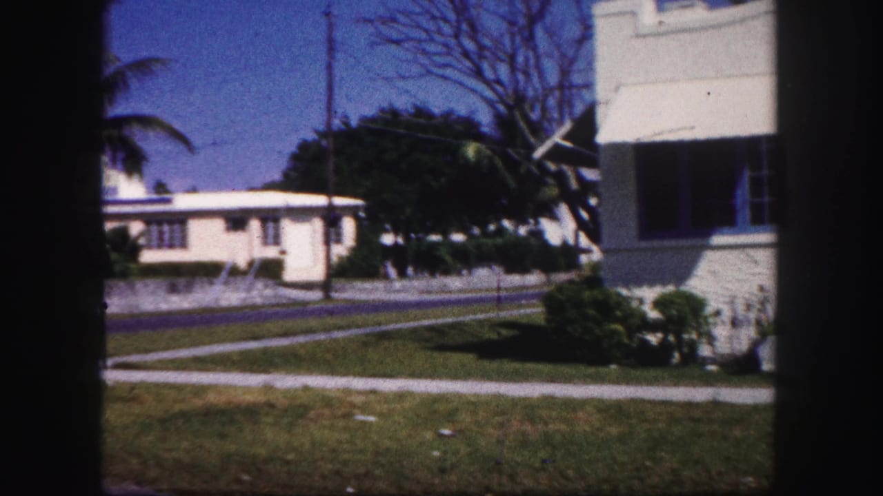 1960 Tampa home-movie frame looking across a lawn and sidewalk toward a neighboring pale house, palm tree, and residential street.
