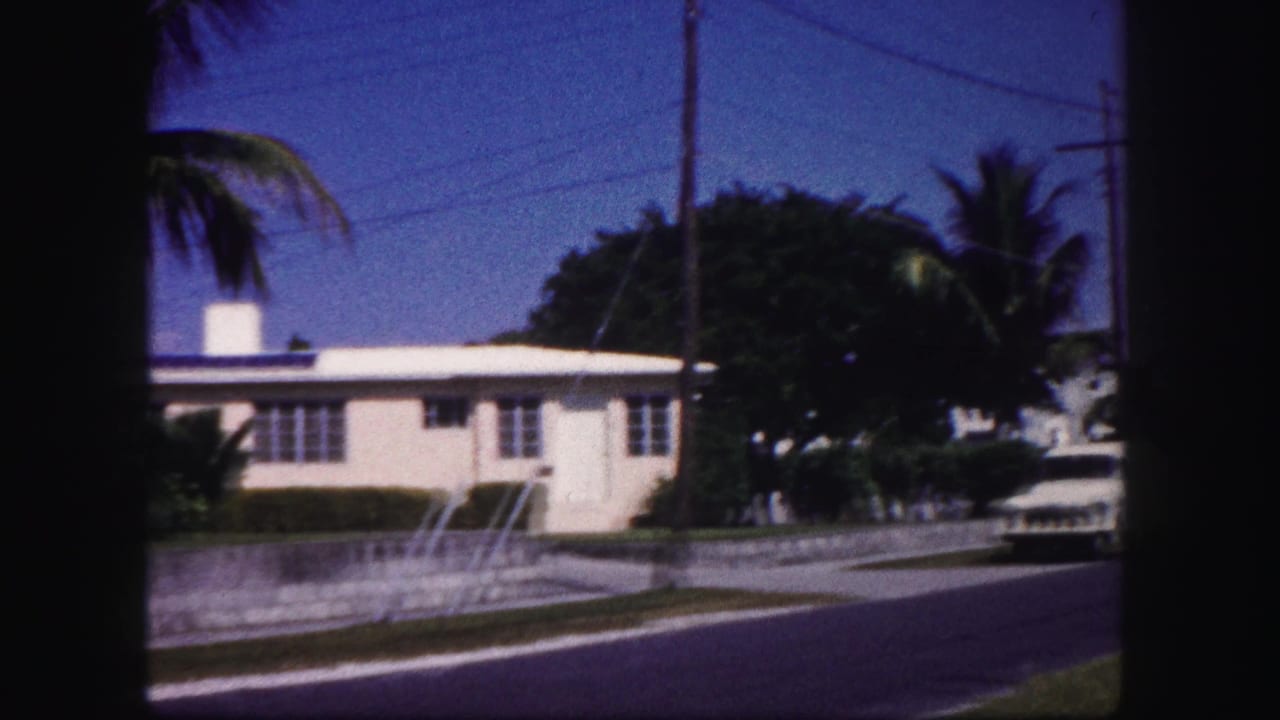 1960 Tampa street view showing a white residential house, sidewalk, low wall, palm trees, and a parked vehicle.